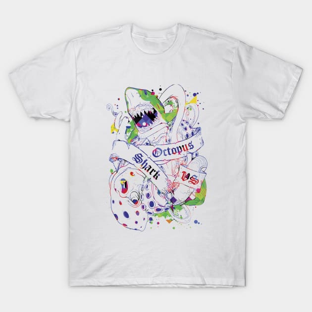 Shark vs Octopus V2 T-Shirt by Sitchko
